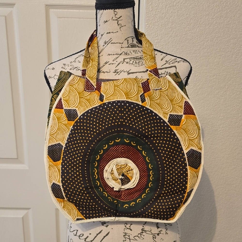Tribal Handmade Multicolor Patterned Quilted Circle Tote Bag Afrocentric